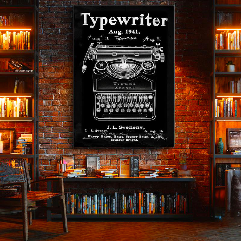 Dikey Kanvas Tablo Daktilo Patent Çizimi Klavye Detayı Vintage Tablo Ev Ofis Duvar Dekoru
