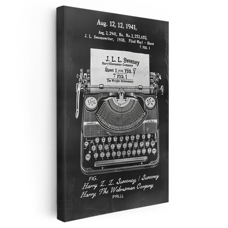 Dikey Kanvas Tablo Daktilo Üstten Görünüm Patent Çizimi Vintage Tablo Ev Ofis Duvar Dekoru