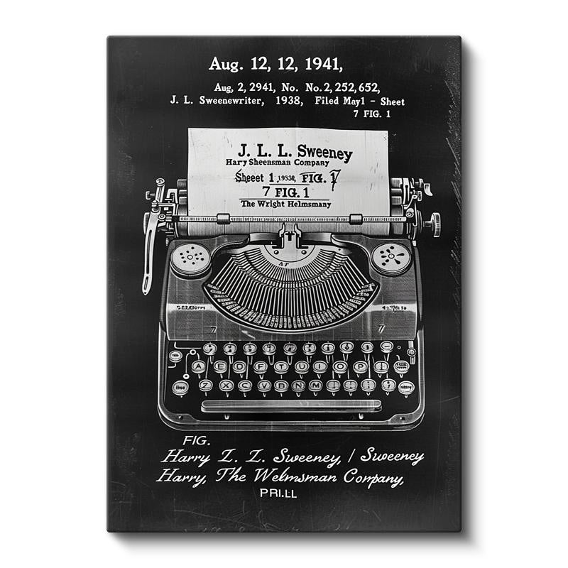 Dikey Kanvas Tablo Daktilo Üstten Görünüm Patent Çizimi Vintage Tablo Ev Ofis Duvar Dekoru