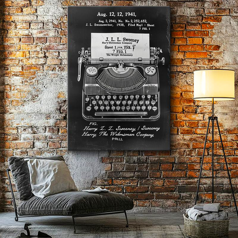 Dikey Kanvas Tablo Daktilo Üstten Görünüm Patent Çizimi Vintage Tablo Ev Ofis Duvar Dekoru