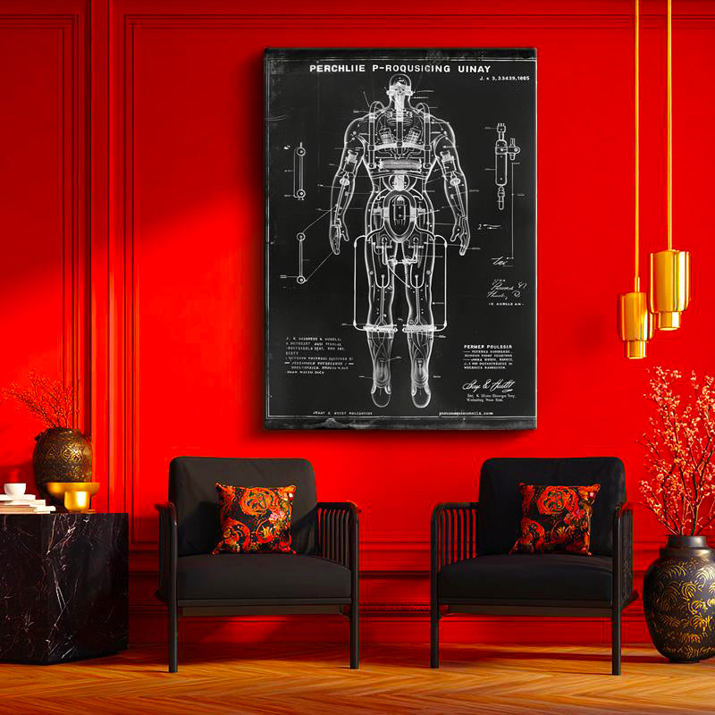 Dikey Kanvas Tablo İnsan Vücudu Patent Çizimi Teknik Vintage Tablo Ev Ofis Duvar Dekoru