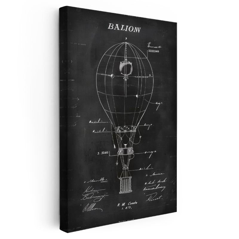 Dikey Kanvas Tablo Balon Patent Çizimi Teknik Detaylı Taşıt Vintage Tablo Duvar Dekoru