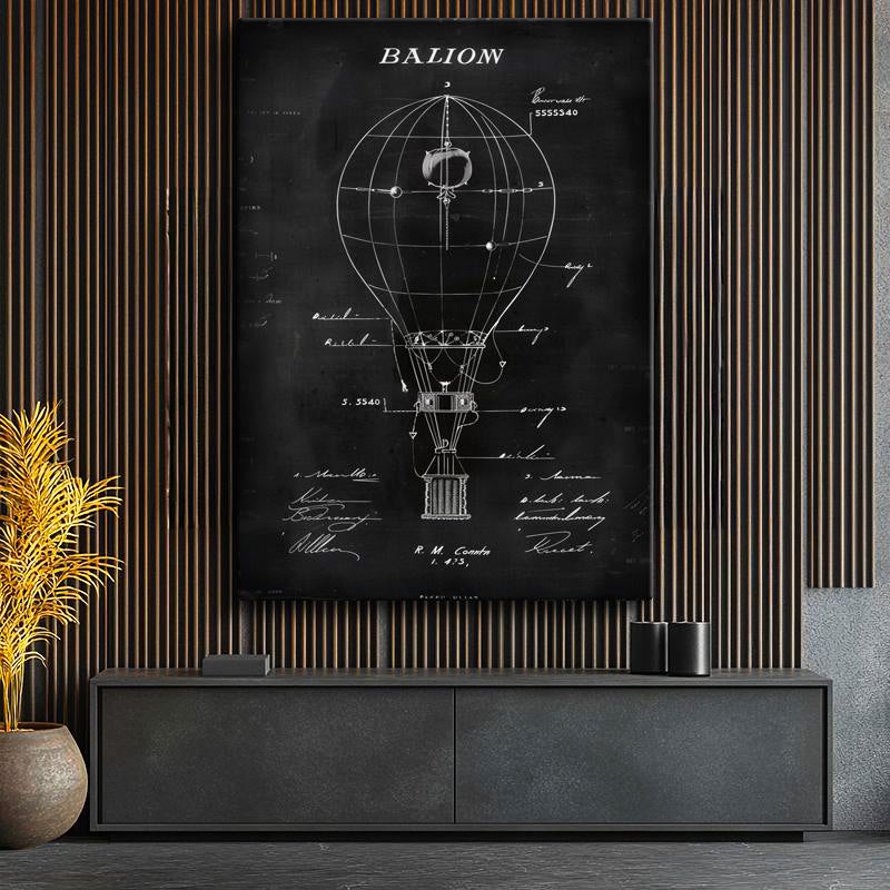 Dikey Kanvas Tablo Balon Patent Çizimi Teknik Detaylı Taşıt Vintage Tablo Duvar Dekoru