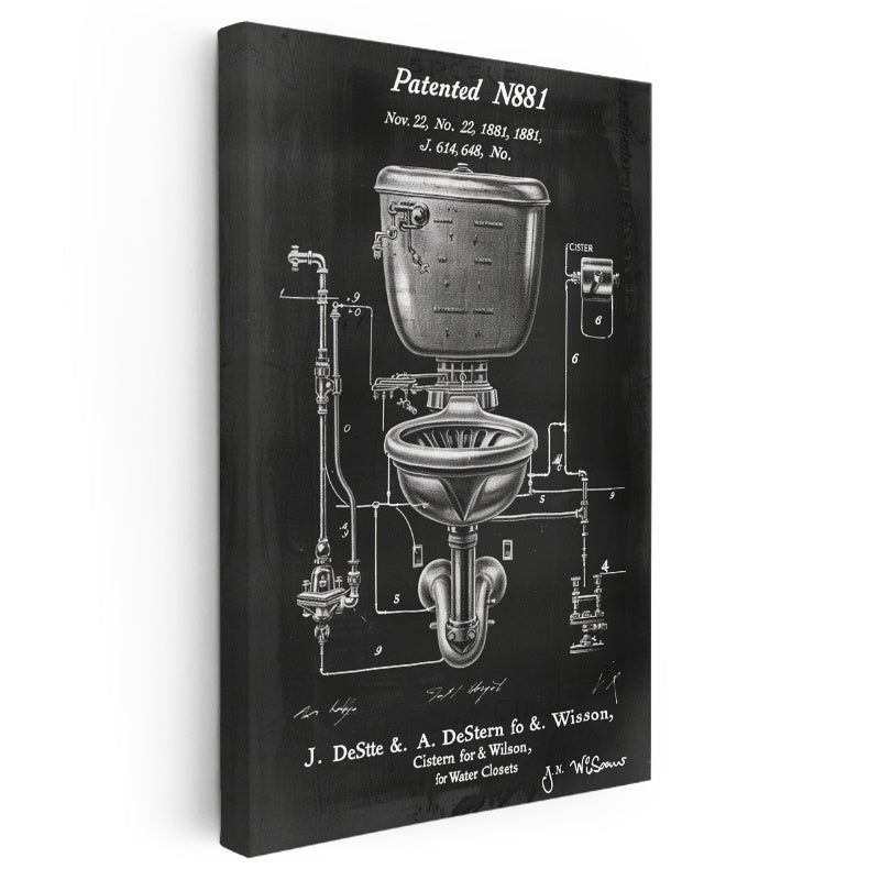 Dikey Kanvas Tablo Antik Tuvalet ve Sifon Patent Çizimi Teknik Vintage Tablo Ev Ofis Duvar Dekoru