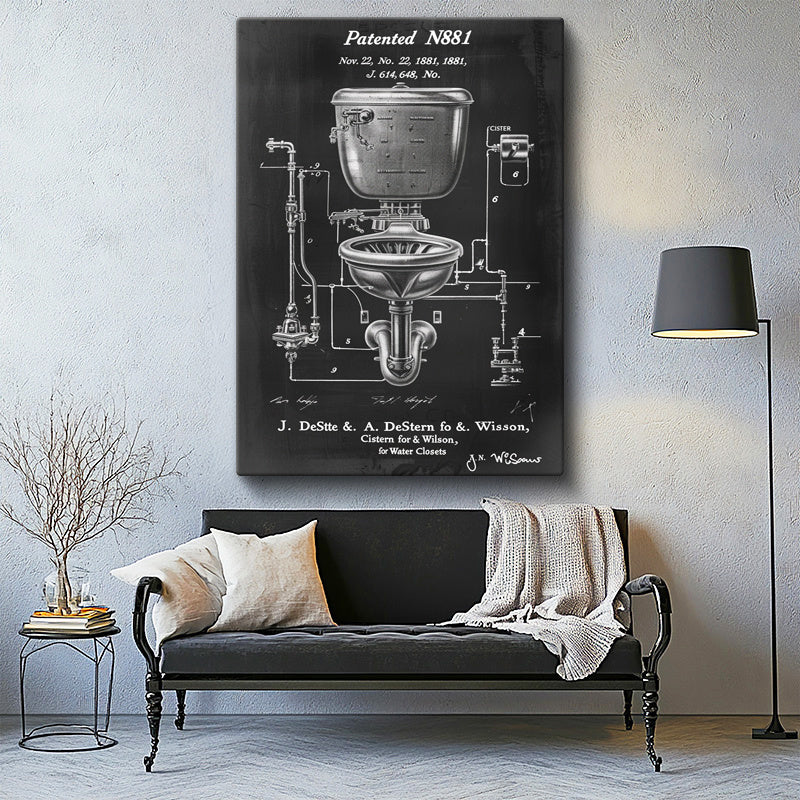 Dikey Kanvas Tablo Antik Tuvalet ve Sifon Patent Çizimi Teknik Vintage Tablo Ev Ofis Duvar Dekoru
