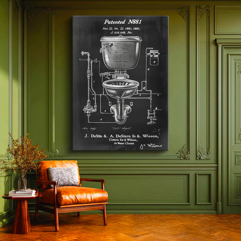 Dikey Kanvas Tablo Antik Tuvalet ve Sifon Patent Çizimi Teknik Vintage Tablo Ev Ofis Duvar Dekoru