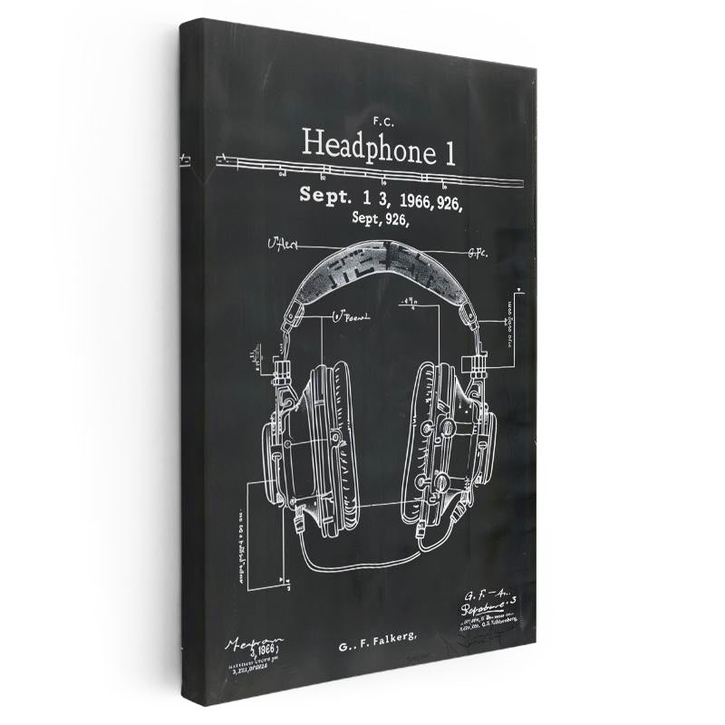 Dikey Kanvas Tablo Kulaklık Patent Çizimi Teknik Detaylı Müzik Vintage Tablo Ev Ofis Duvar Dekoru