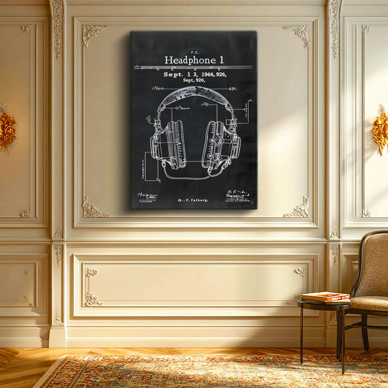 Dikey Kanvas Tablo Kulaklık Patent Çizimi Teknik Detaylı Müzik Vintage Tablo Ev Ofis Duvar Dekoru