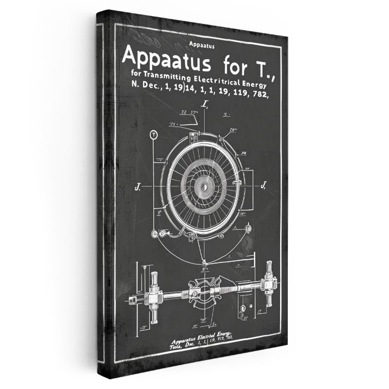 Dikey Kanvas Tablo Tesla Enerji Aparatı Çark Detayı Teknik Vintage Tablo Ev Ofis Duvar Dekoru
