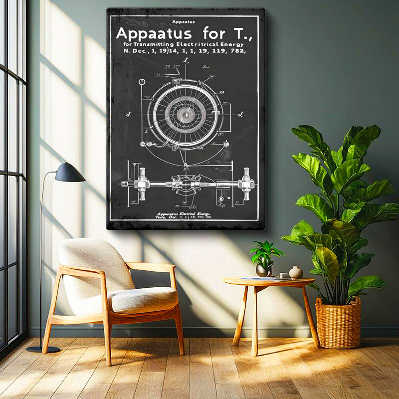Dikey Kanvas Tablo Tesla Enerji Aparatı Çark Detayı Teknik Vintage Tablo Ev Ofis Duvar Dekoru