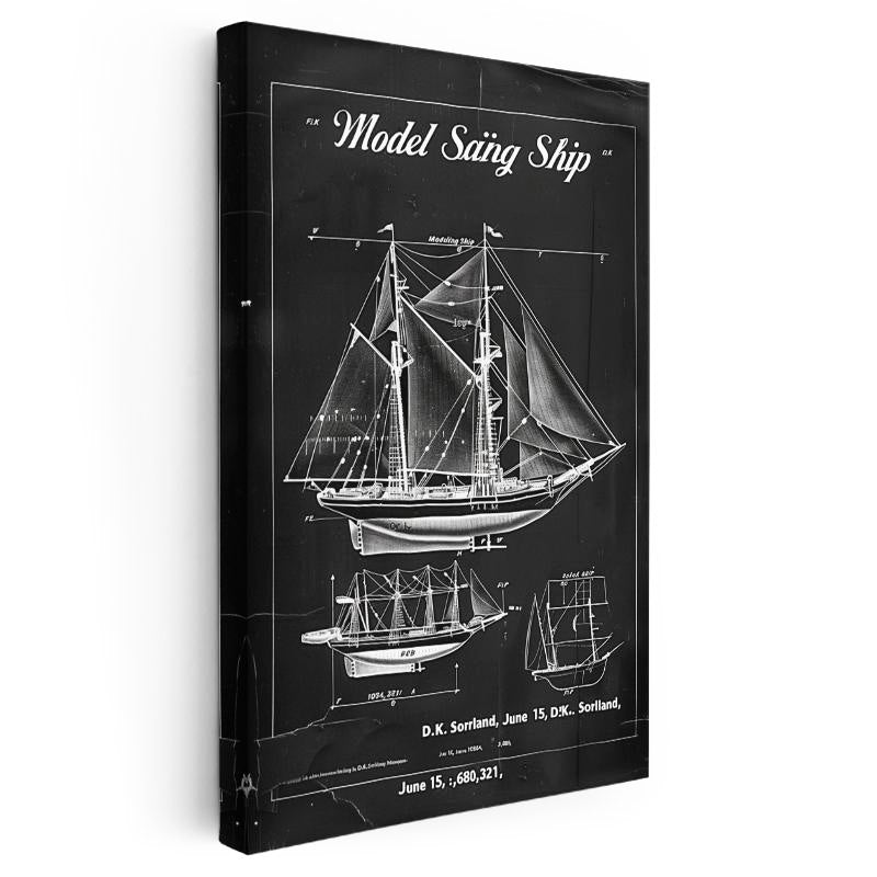 Dikey Kanvas Tablo Yelkenli Gemi Üçlü Patent Çizimi Taşıt Vintage Tablo Ev Ofis Duvar Dekoru
