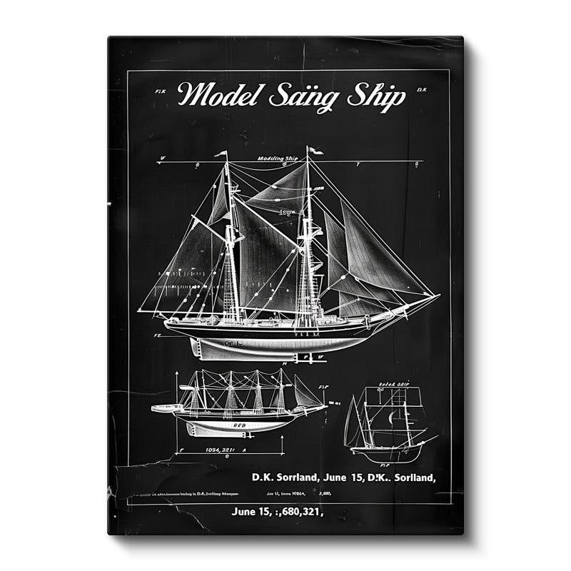 Dikey Kanvas Tablo Yelkenli Gemi Üçlü Patent Çizimi Taşıt Vintage Tablo Ev Ofis Duvar Dekoru