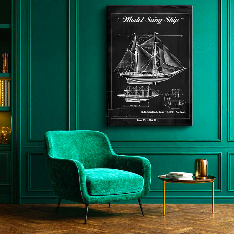 Dikey Kanvas Tablo Yelkenli Gemi Üçlü Patent Çizimi Taşıt Vintage Tablo Ev Ofis Duvar Dekoru