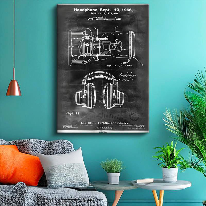 Dikey Kanvas Tablo Kulaklık İç Mekanizma Patent Çizimi Müzik Vintage Tablo Ev Ofis Duvar Dekoru