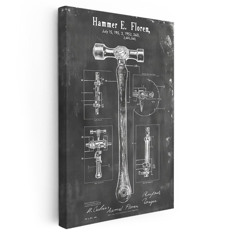 Dikey Kanvas Tablo Çekiç Patent Çizimi Detaylı Teknik Vintage Tablo Ev Ofis Duvar Dekoru