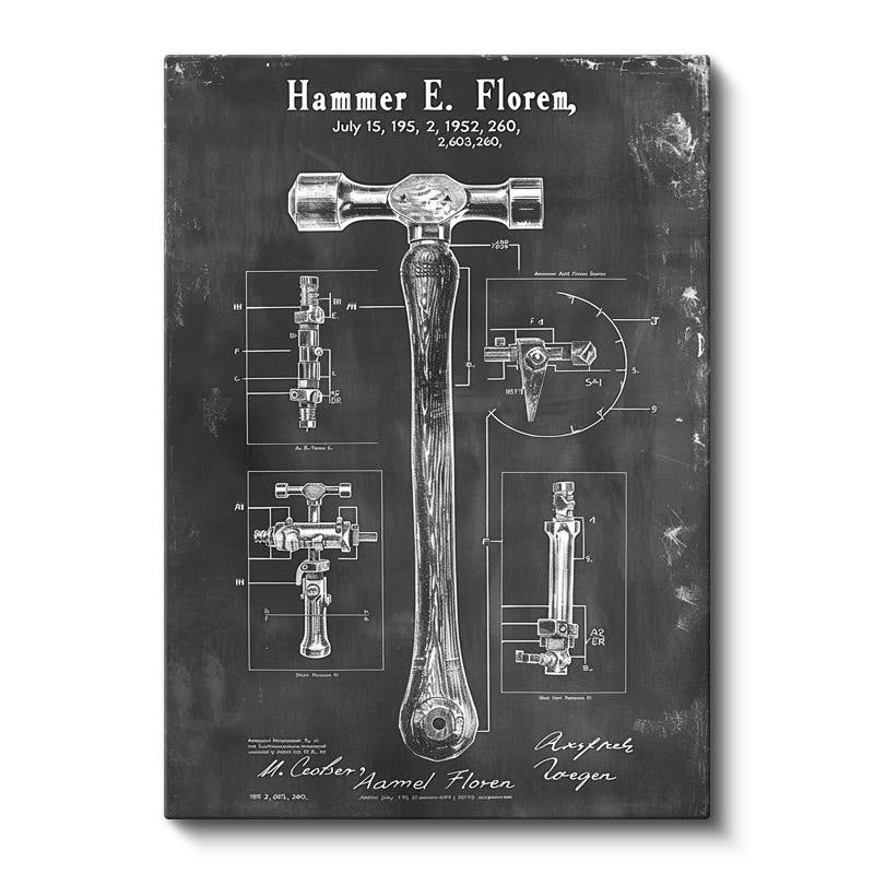 Dikey Kanvas Tablo Çekiç Patent Çizimi Detaylı Teknik Vintage Tablo Ev Ofis Duvar Dekoru