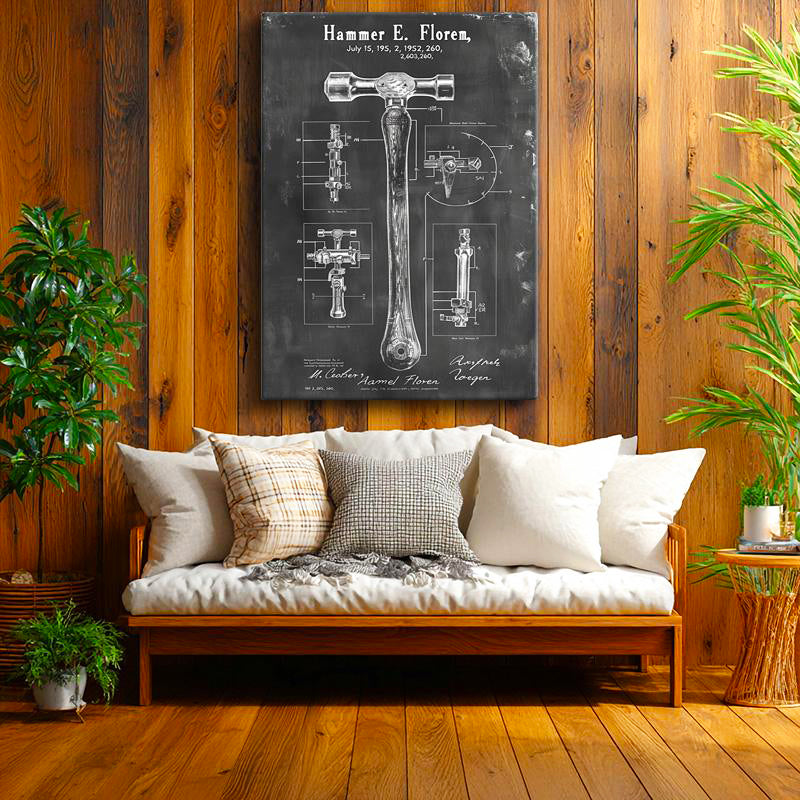 Dikey Kanvas Tablo Çekiç Patent Çizimi Detaylı Teknik Vintage Tablo Ev Ofis Duvar Dekoru