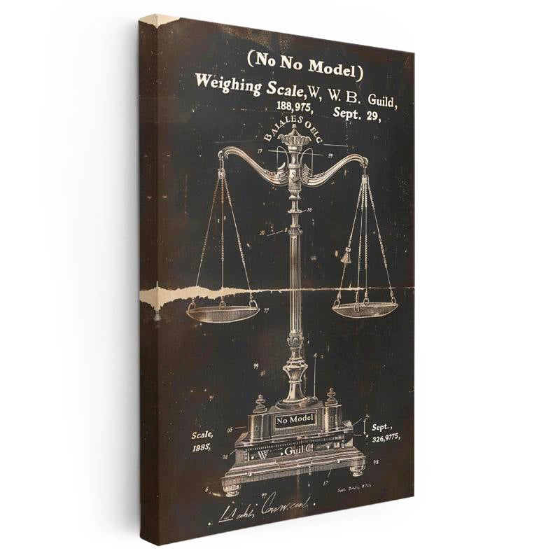 Dikey Kanvas Tablo Denge Terazisi Patent Çizimi Teknik Vintage Tablo Duvar Dekoru