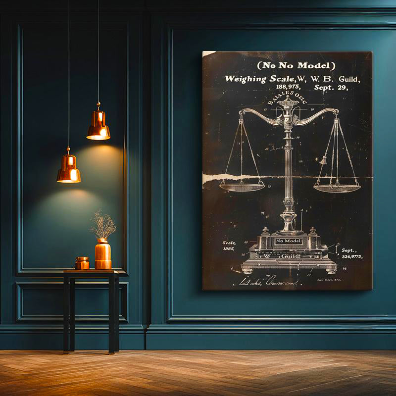 Dikey Kanvas Tablo Denge Terazisi Patent Çizimi Teknik Vintage Tablo Duvar Dekoru