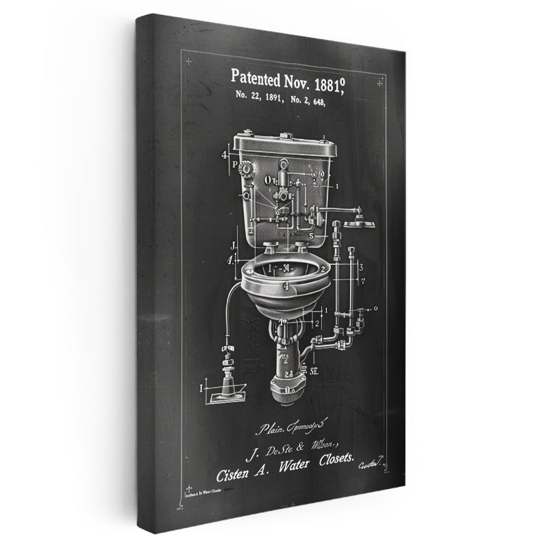Dikey Kanvas Tablo Antik Tuvalet Mekanizması Patent Çizimi Teknik Vintage Tablo Duvar Dekoru