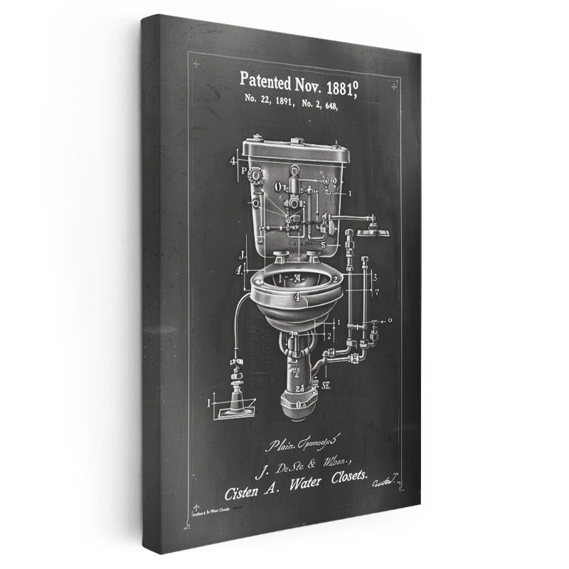 Dikey Kanvas Tablo Antik Tuvalet Mekanizması Patent Çizimi Teknik Vintage Tablo Duvar Dekoru