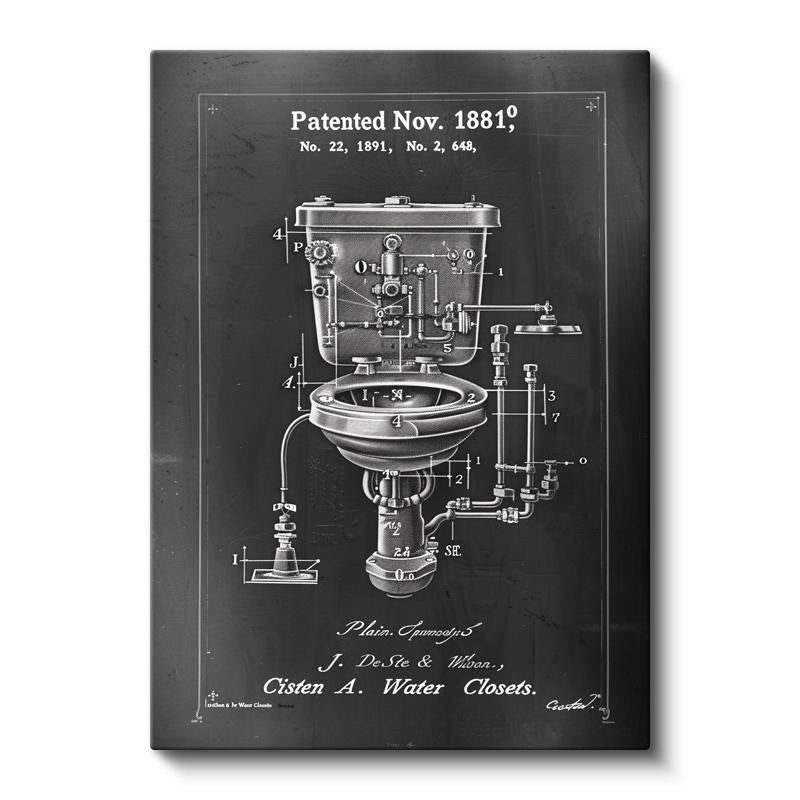 Dikey Kanvas Tablo Antik Tuvalet Mekanizması Patent Çizimi Teknik Vintage Tablo Duvar Dekoru