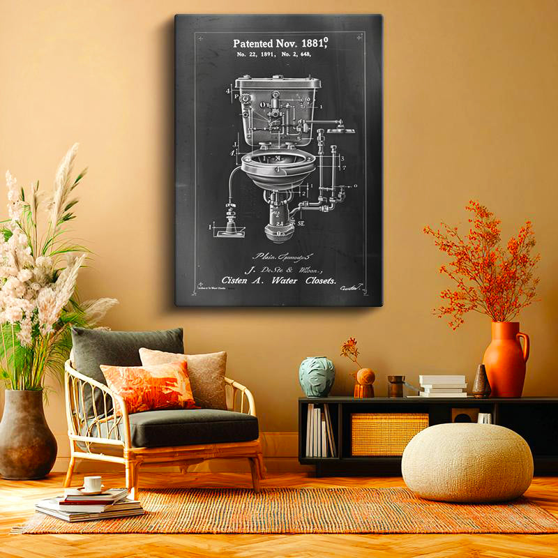 Dikey Kanvas Tablo Antik Tuvalet Mekanizması Patent Çizimi Teknik Vintage Tablo Duvar Dekoru
