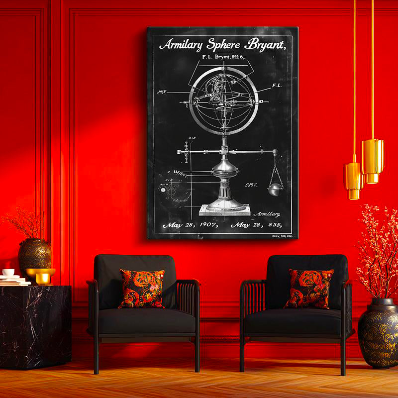 Dikey Kanvas Tablo Armillary Sphere Terazili Patent Teknik Vintage Tablo Ev Ofis Duvar Dekoru