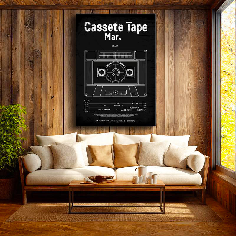 Dikey Kanvas Tablo Kaset Patent Çizimi Teknik Ön Görünüm Vintage Tablo Ev Ofis Duvar Dekoru