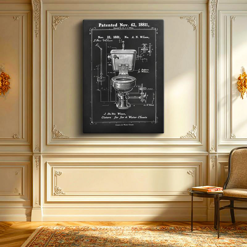 Dikey Kanvas Tablo Tuvalet Sifon Mekanizması Patent Çizimi Teknik Vintage Tablo Ev Ofis Duvar Dekoru