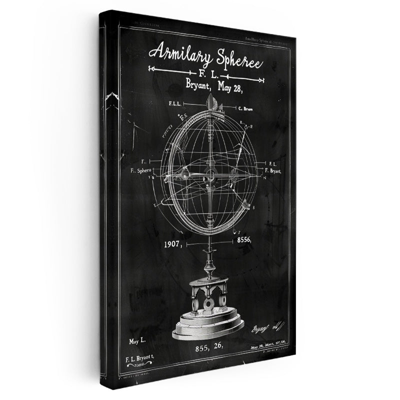 Dikey Kanvas Tablo Armillary Sphere Küre Patent Çizimi Teknik Vintage Tablo Duvar Dekoru