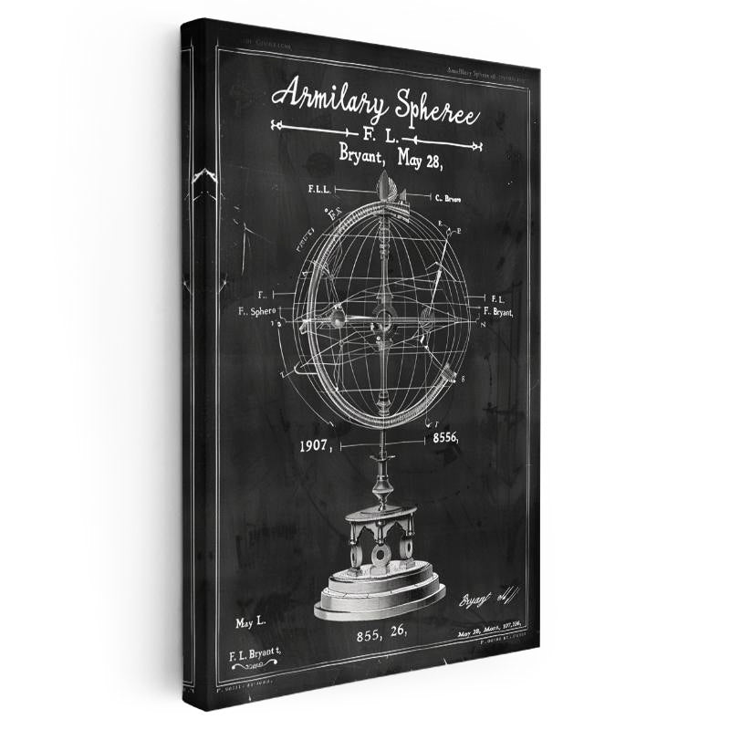 Dikey Kanvas Tablo Armillary Sphere Küre Patent Çizimi Teknik Vintage Tablo Duvar Dekoru