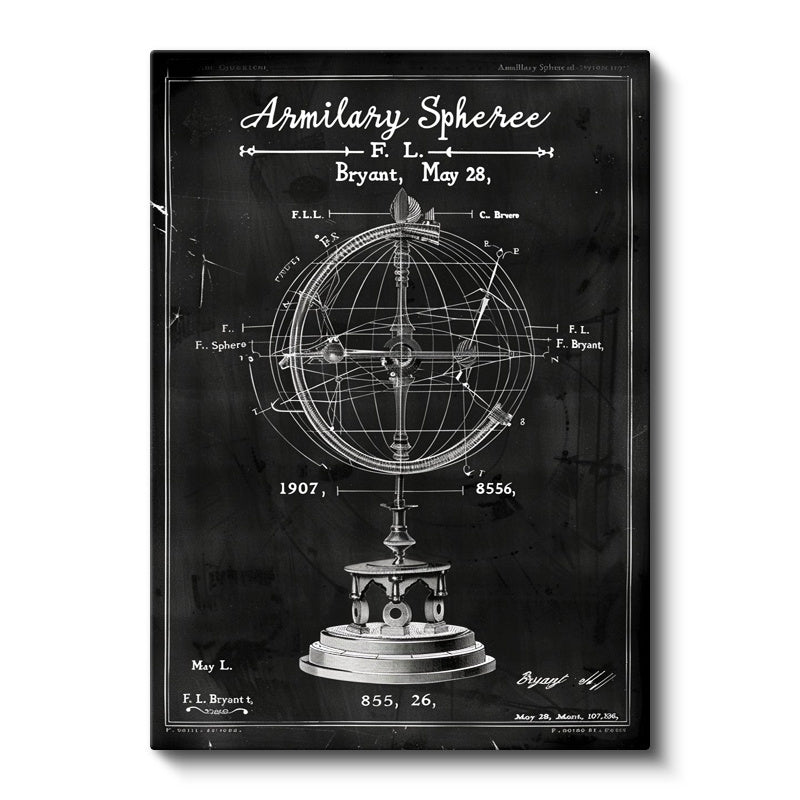 Dikey Kanvas Tablo Armillary Sphere Küre Patent Çizimi Teknik Vintage Tablo Duvar Dekoru
