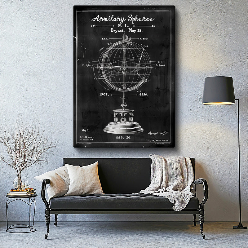 Dikey Kanvas Tablo Armillary Sphere Küre Patent Çizimi Teknik Vintage Tablo Duvar Dekoru