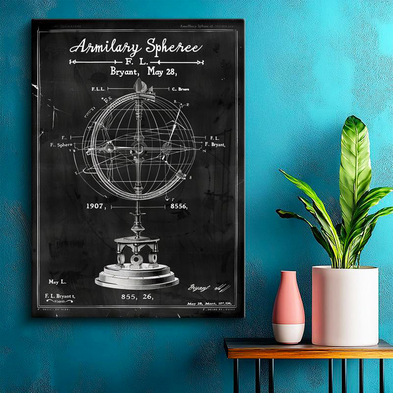 Dikey Kanvas Tablo Armillary Sphere Küre Patent Çizimi Teknik Vintage Tablo Duvar Dekoru