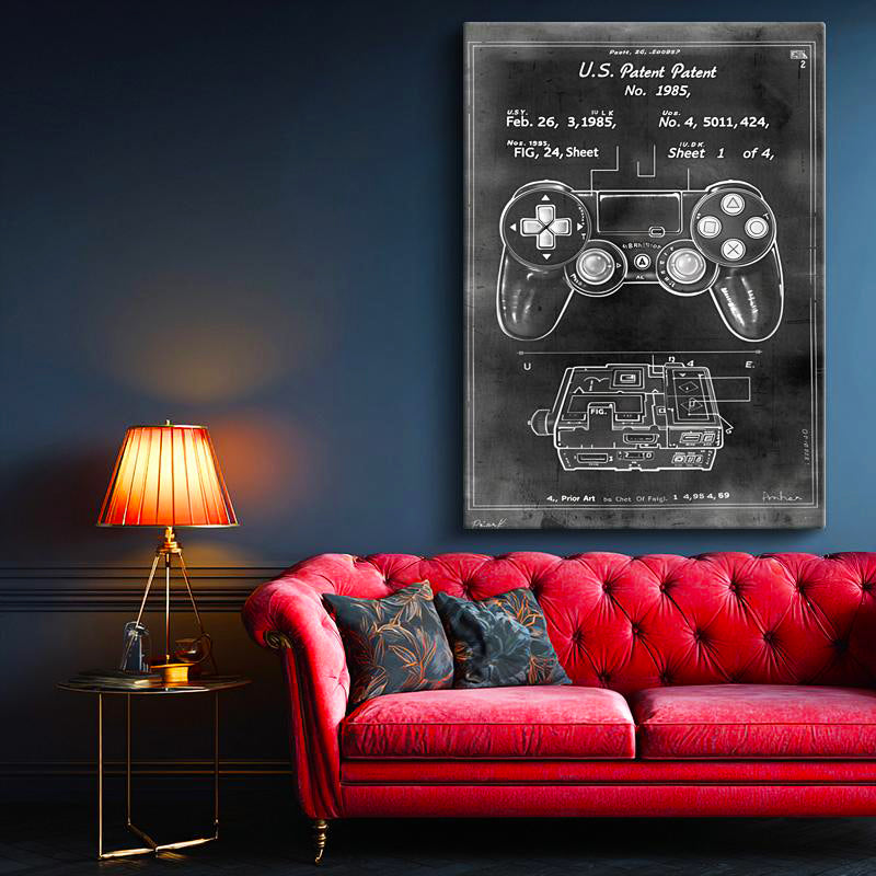 Dikey Kanvas Tablo Oyun Konsolu Kontrolcüsü Patent Çizimi Oyun Vintage Tablo Duvar Dekoru