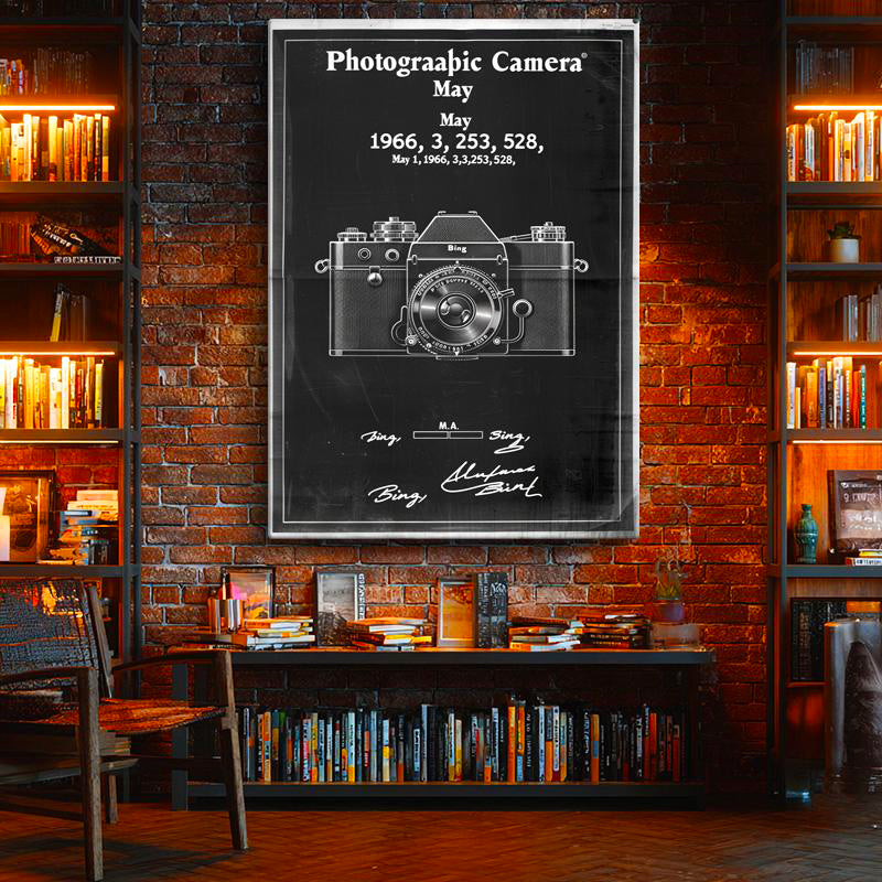 Dikey Kanvas Tablo Fotoğraf Makinesi Patent Çizimi Ön Görünüm Vintage Tablo Ev Ofis Duvar Dekoru