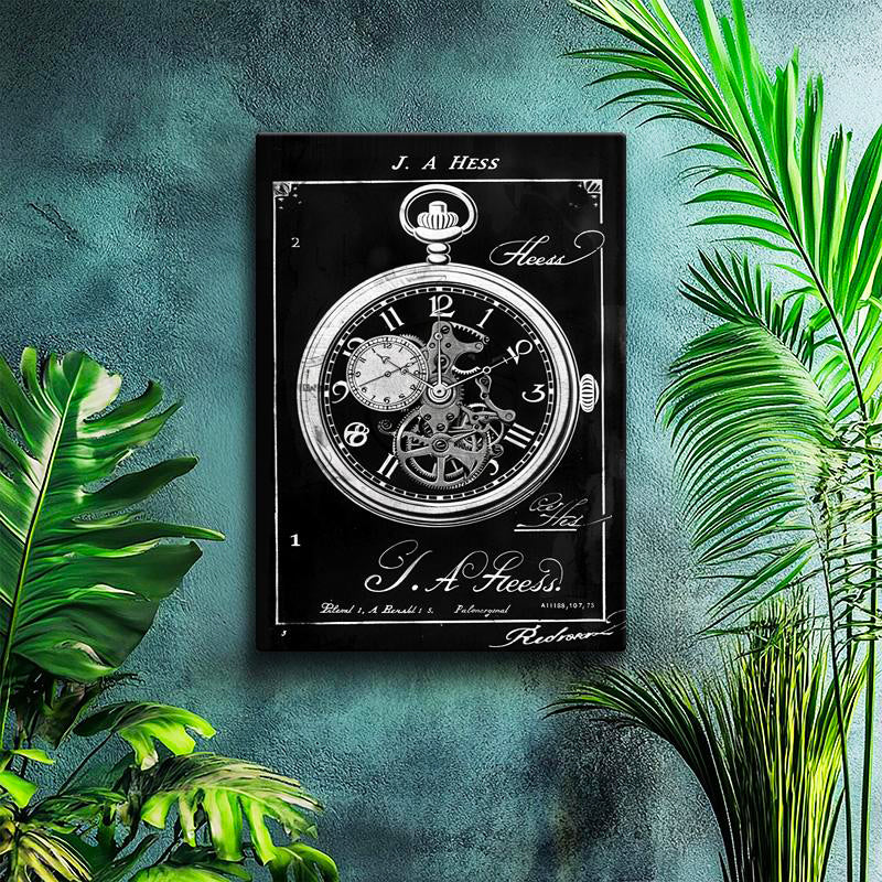 Dikey Kanvas Tablo Cep Saati Mekanizması Patent Çizimi Teknik Vintage Tablo Ev Ofis Duvar Dekoru