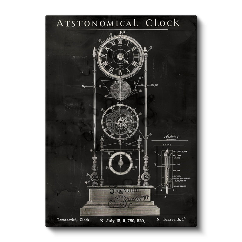 Dikey Kanvas Tablo Astronomik Saat Mekanizması Patent Teknik Vintage Tablo Ev Ofis Duvar Dekoru