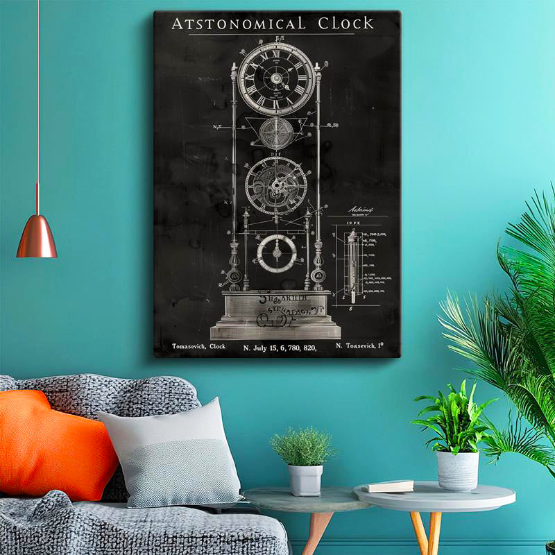 Dikey Kanvas Tablo Astronomik Saat Mekanizması Patent Teknik Vintage Tablo Ev Ofis Duvar Dekoru