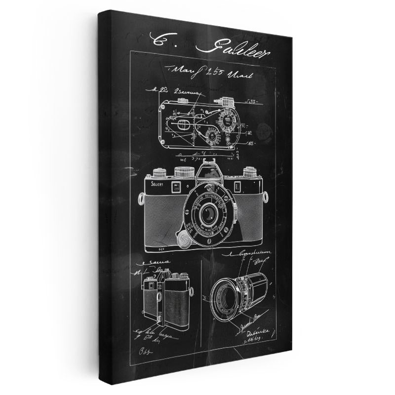 Dikey Kanvas Tablo Kamera Çeşitleri Patent Çizimi Detaylı Vintage Tablo Ev Ofis Duvar Dekoru