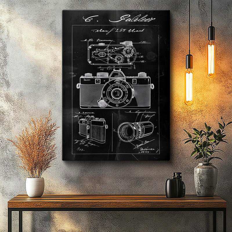 Dikey Kanvas Tablo Kamera Çeşitleri Patent Çizimi Detaylı Vintage Tablo Ev Ofis Duvar Dekoru