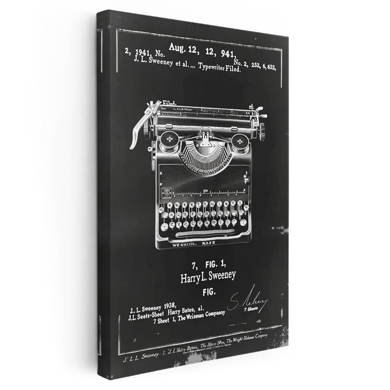 Dikey Kanvas Tablo Daktilo Patent Çizimi Klavye Ön Görünüm Vintage Tablo Ev Ofis Duvar Dekoru
