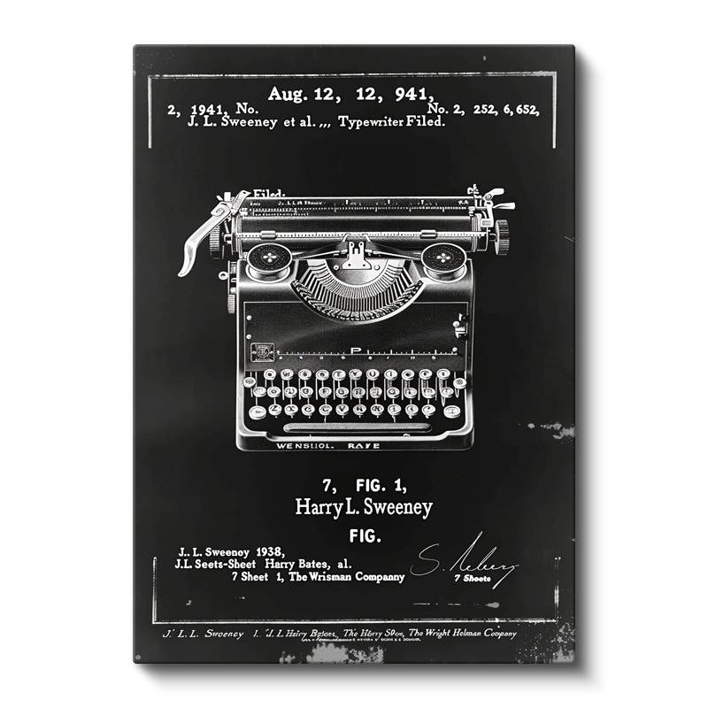 Dikey Kanvas Tablo Daktilo Patent Çizimi Klavye Ön Görünüm Vintage Tablo Ev Ofis Duvar Dekoru