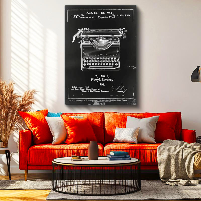 Dikey Kanvas Tablo Daktilo Patent Çizimi Klavye Ön Görünüm Vintage Tablo Ev Ofis Duvar Dekoru