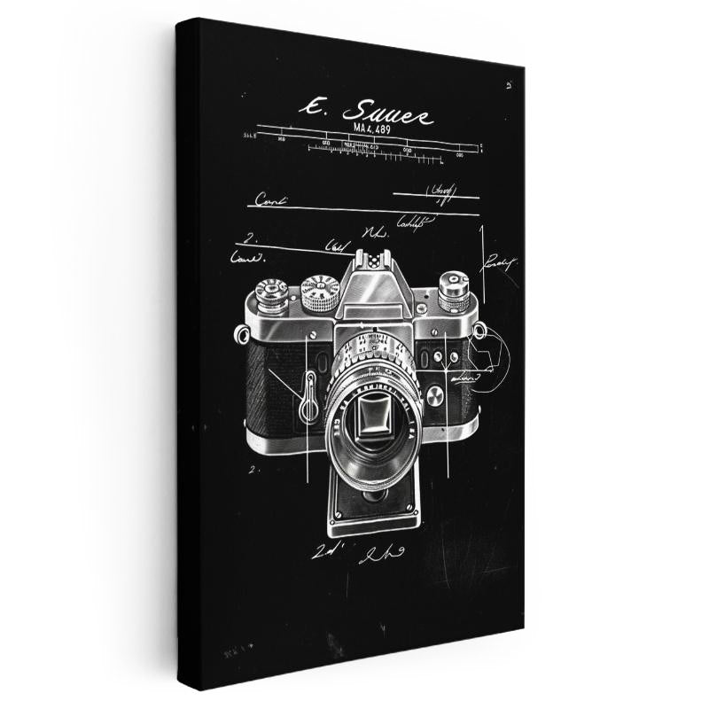 Dikey Kanvas Tablo Fotoğraf Makinesi Patent Çizimi Yakın Çekim Vintage Tablo Ev Ofis Duvar Dekoru