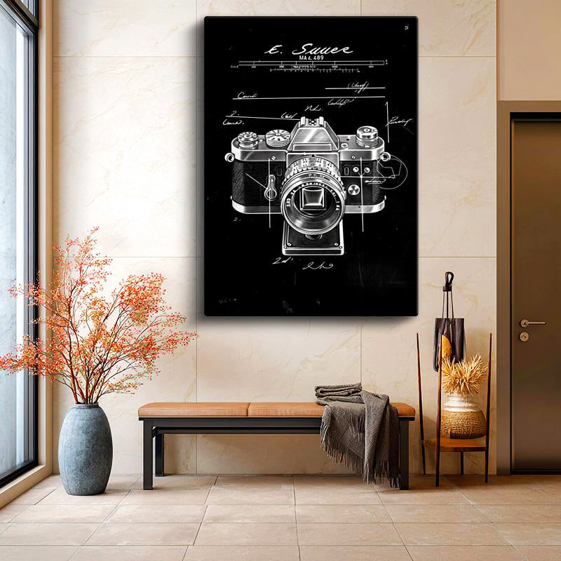 Dikey Kanvas Tablo Fotoğraf Makinesi Patent Çizimi Yakın Çekim Vintage Tablo Ev Ofis Duvar Dekoru