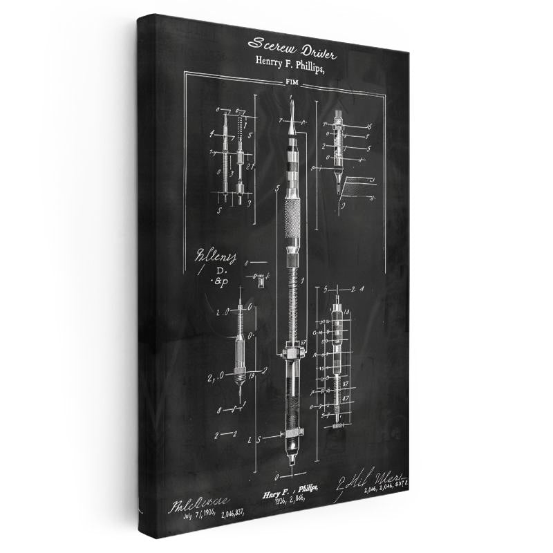Dikey Kanvas Tablo Tornavida ve Uçları Patent Çizimi Teknik Vintage Tablo Duvar Dekoru