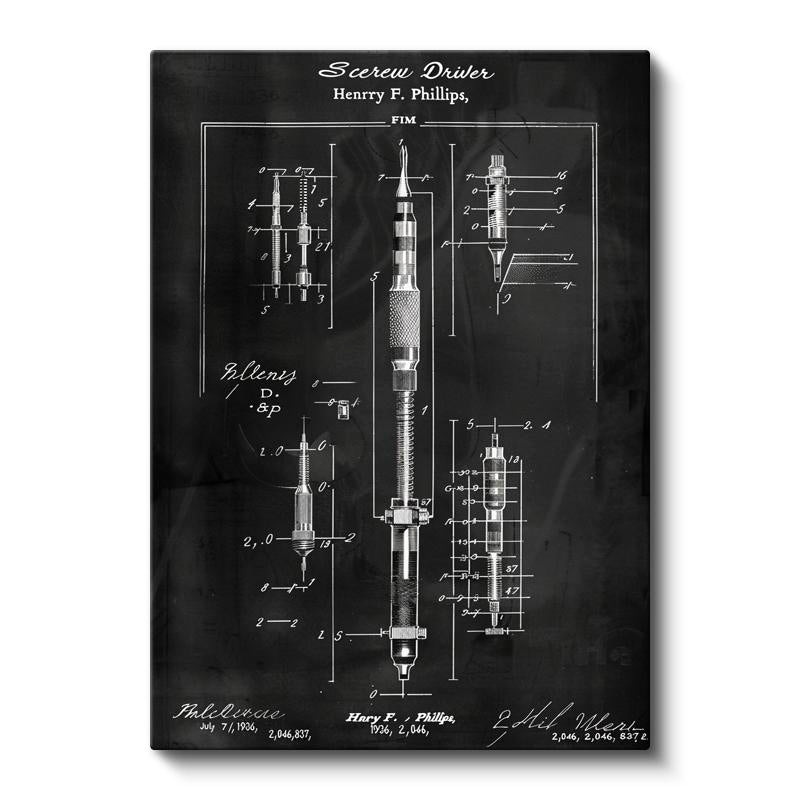 Dikey Kanvas Tablo Tornavida ve Uçları Patent Çizimi Teknik Vintage Tablo Duvar Dekoru