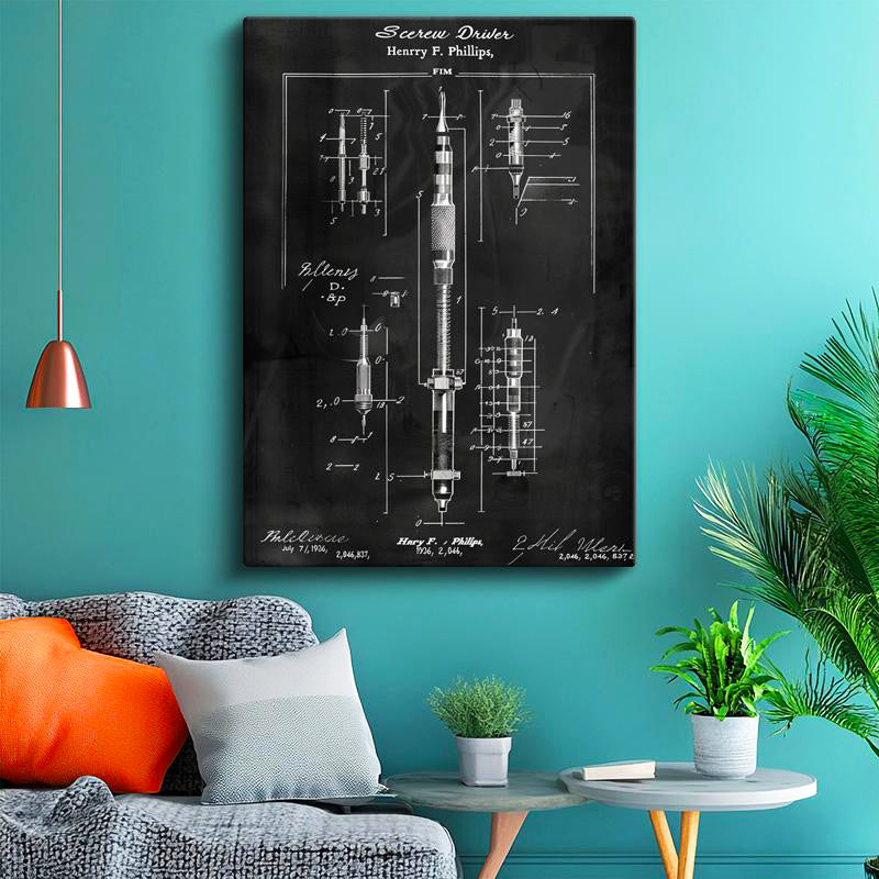 Dikey Kanvas Tablo Tornavida ve Uçları Patent Çizimi Teknik Vintage Tablo Duvar Dekoru
